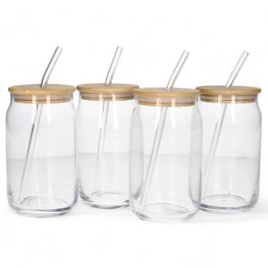 Cocktail Drinking glasses with bamboo lids + glass straw- set of 4